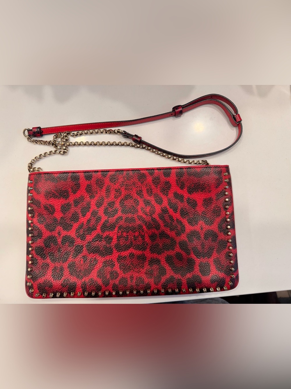 Christian Louboutin Red and Black Leopard Print Crossbody with Chain Strap